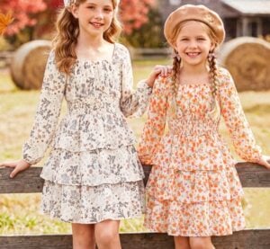 XiaoMoSha Girls Long Sleeve Fall Floral Dress