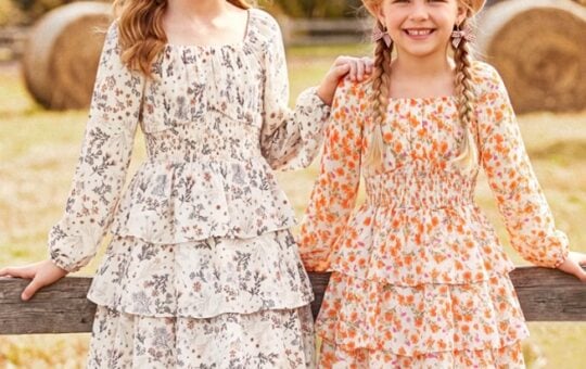XiaoMoSha Girls Long Sleeve Fall Floral Dress
