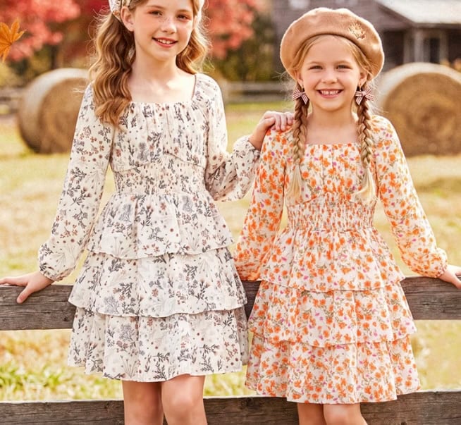 XiaoMoSha Girls Long Sleeve Fall Floral Dress