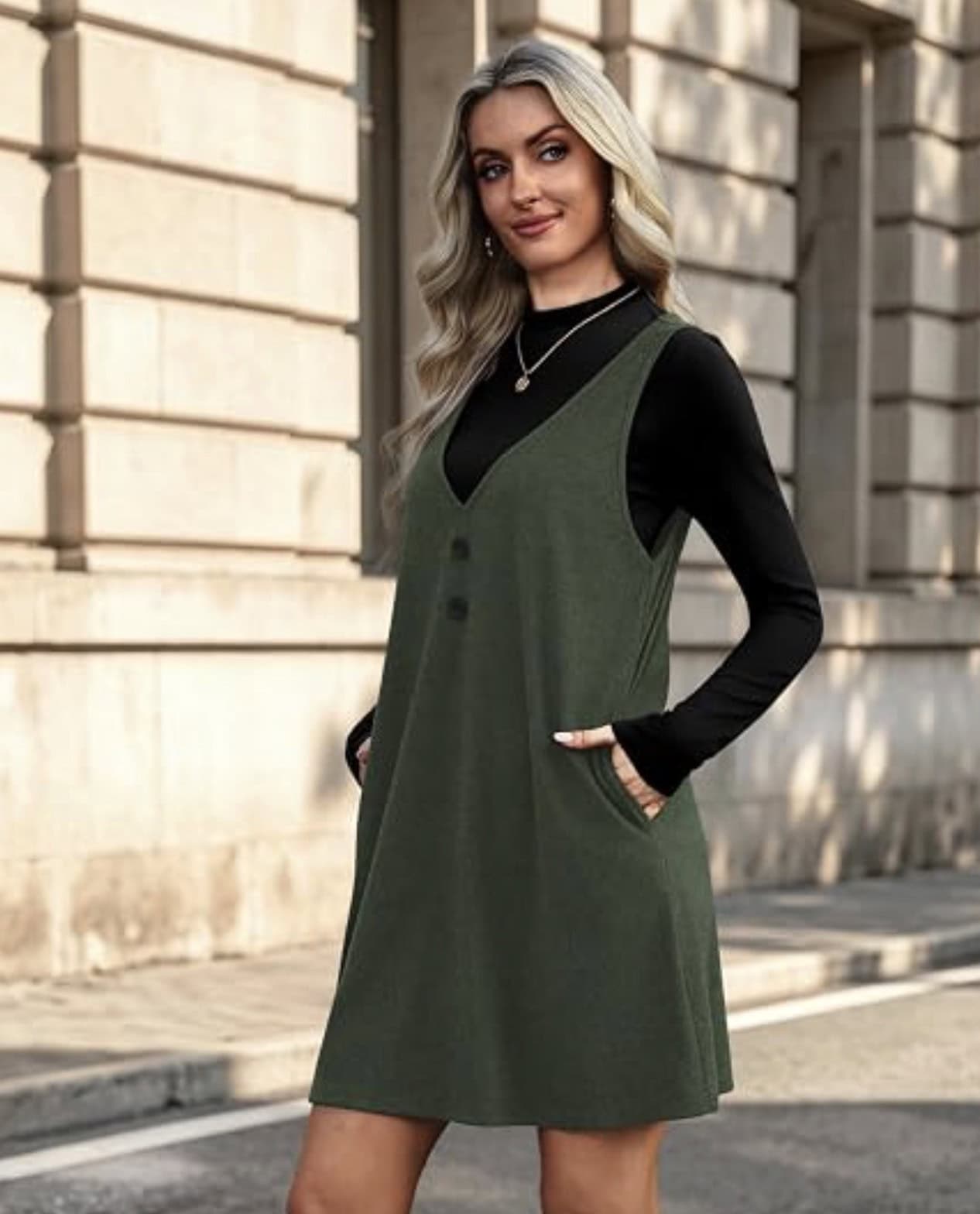 ofeefan 2 piece long sleeve fall dress with pockets green