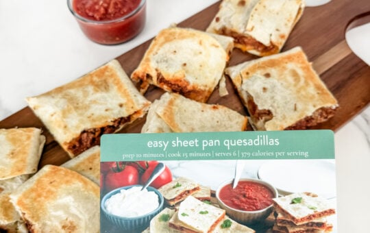 sheet pan quesadillas with recipe card
