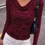 BTFBM Mesh Boho Top Cowl Neck Long Sleeve Top