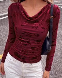 BTFBM Mesh Boho Top Cowl Neck Long Sleeve Top