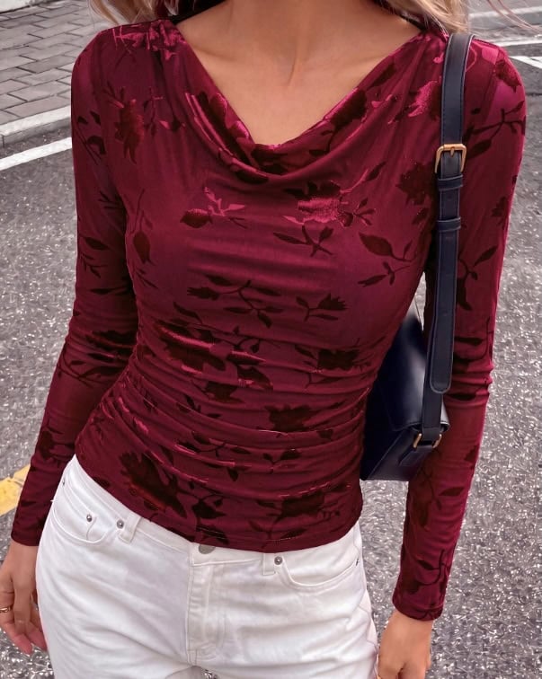 BTFBM Mesh Boho Top Cowl Neck Long Sleeve Top