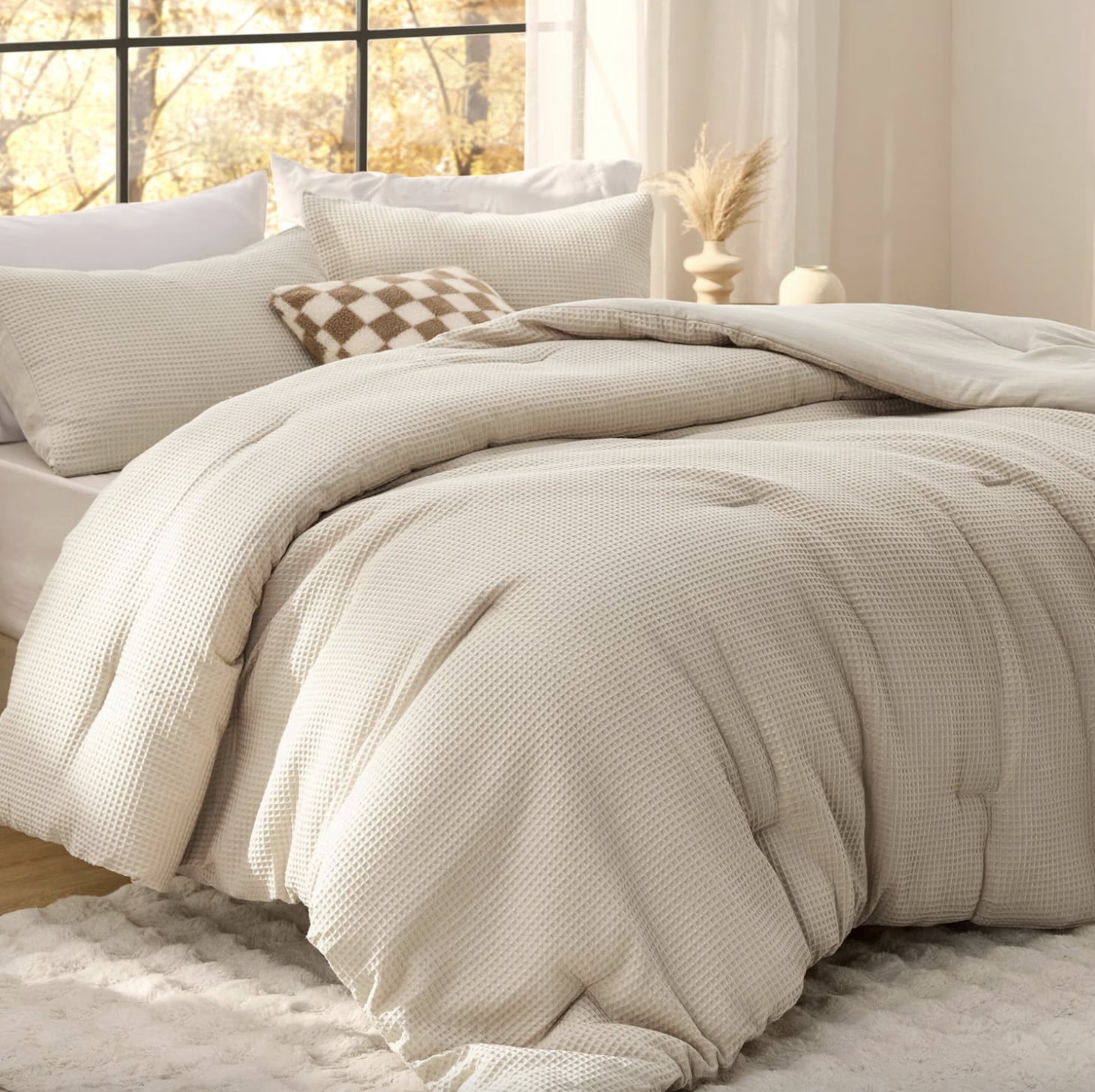 Bedsure Upgraded 3D Waffle Comforter Set Queen Size, Beige Bedding 3 Pcs