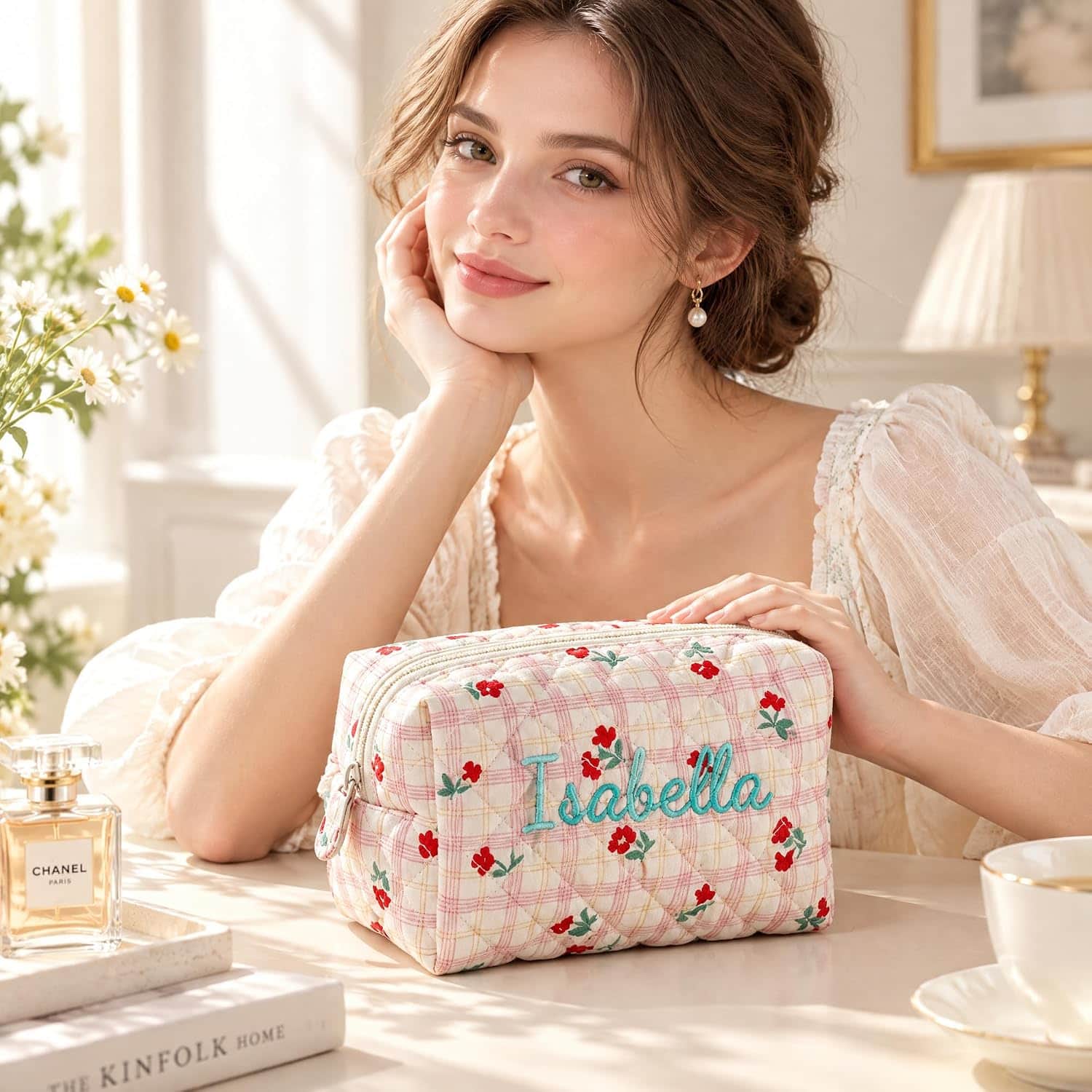 Custom Embroidered Flower Cosmetic Bag