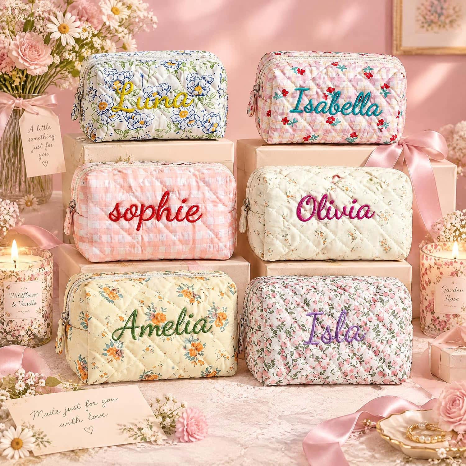 Custom Embroidered Flower Cosmetic Bag2
