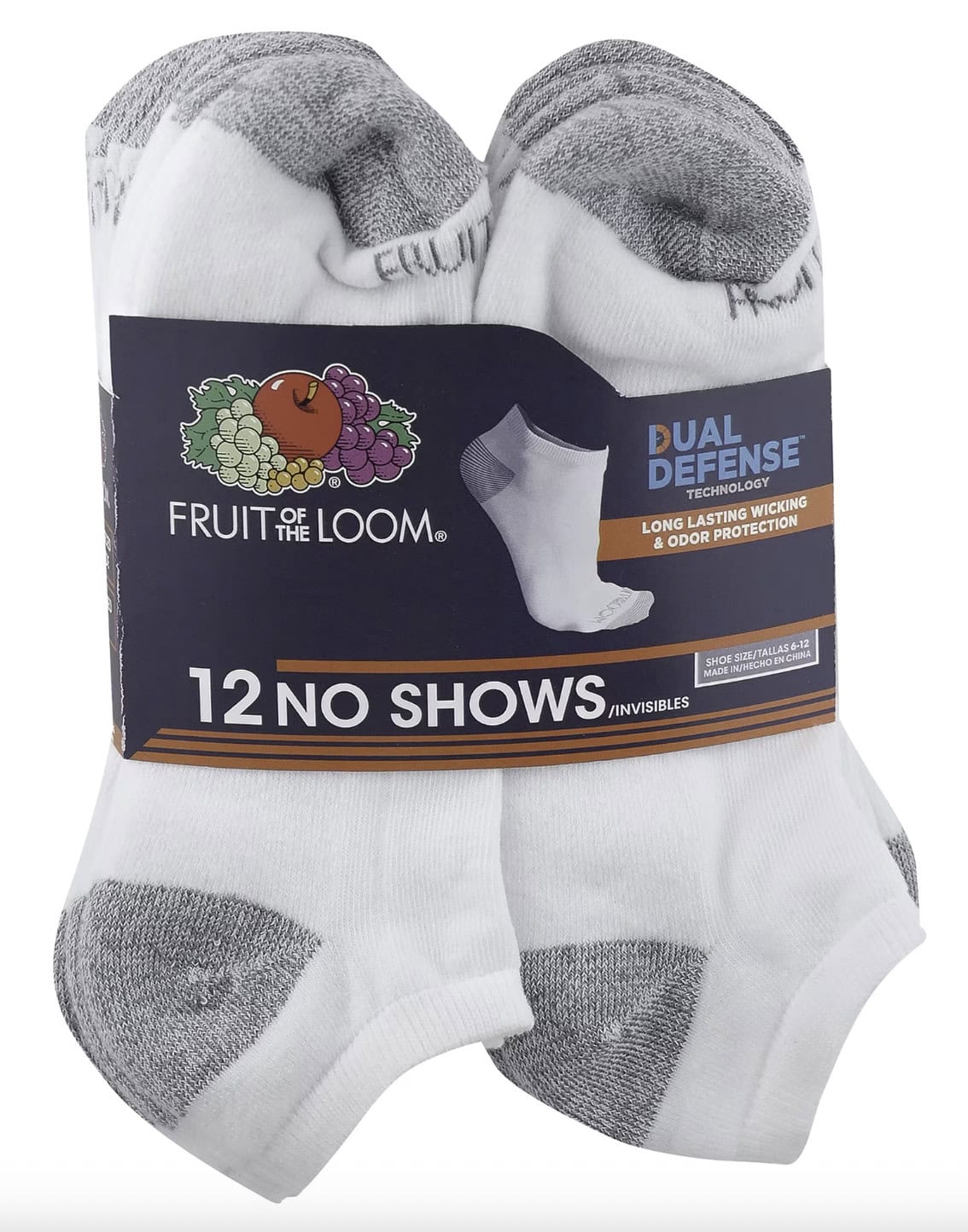 Fruit of the Loom Dual Defense No Show Socks for Men, White, Sizes 6 12 (12 Pack)