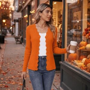 LILBETTER Women's Cardigan Sweaters Scalloped V Neck Long Sleeve Button Down