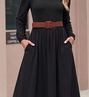 Zeagoo Midi Dresses Flare Loose Fit Navy Blue Long Sleeve Flowy Ladies