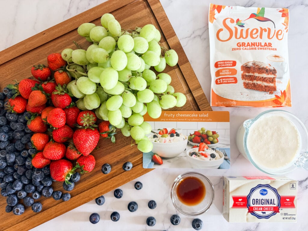 fruity cheesecake salad ingredients on countertop fruity cheesecake salad ingredients on countertop