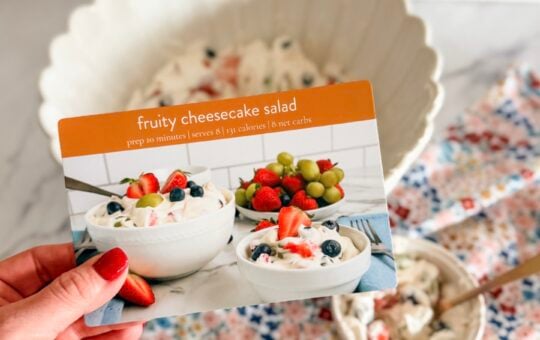 fruity cheesecake salad with recipe card