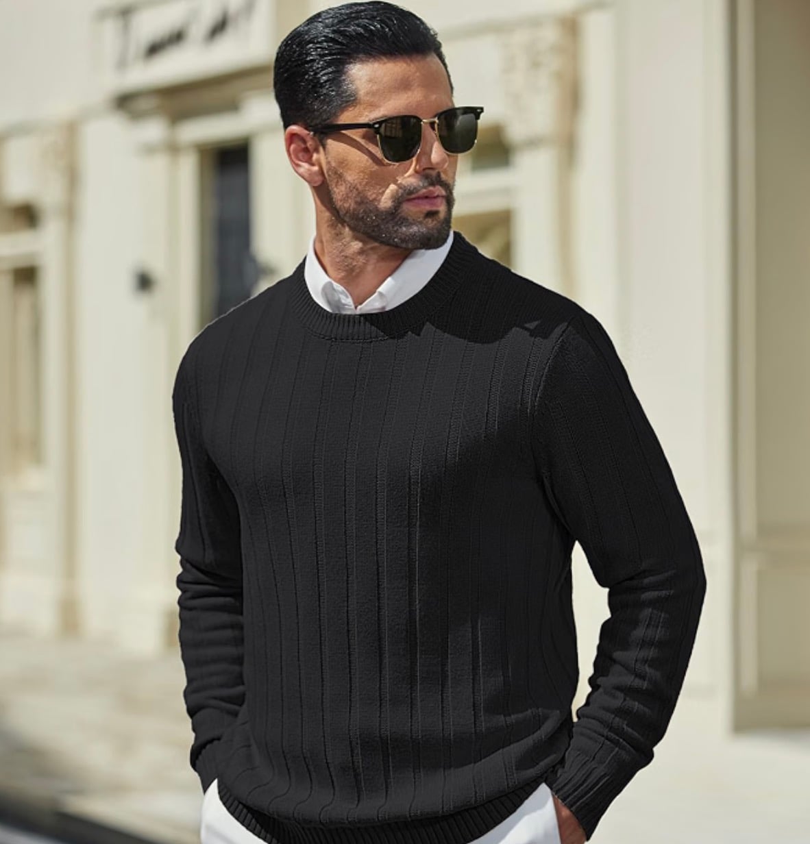 men's crewneck ribbed sweater coofandy black