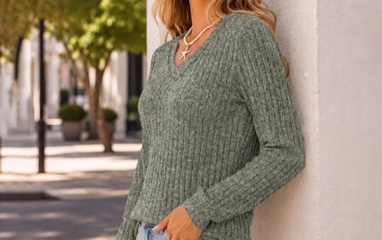 ribbed tops NORACORA V Neck Long Sleeve Shirt