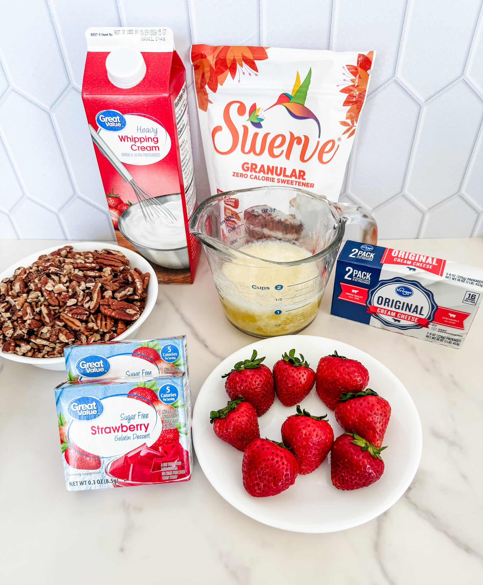 stawberry pretzel less salad ingredients on countertop stawberry pretzel less salad ingredients on countertop