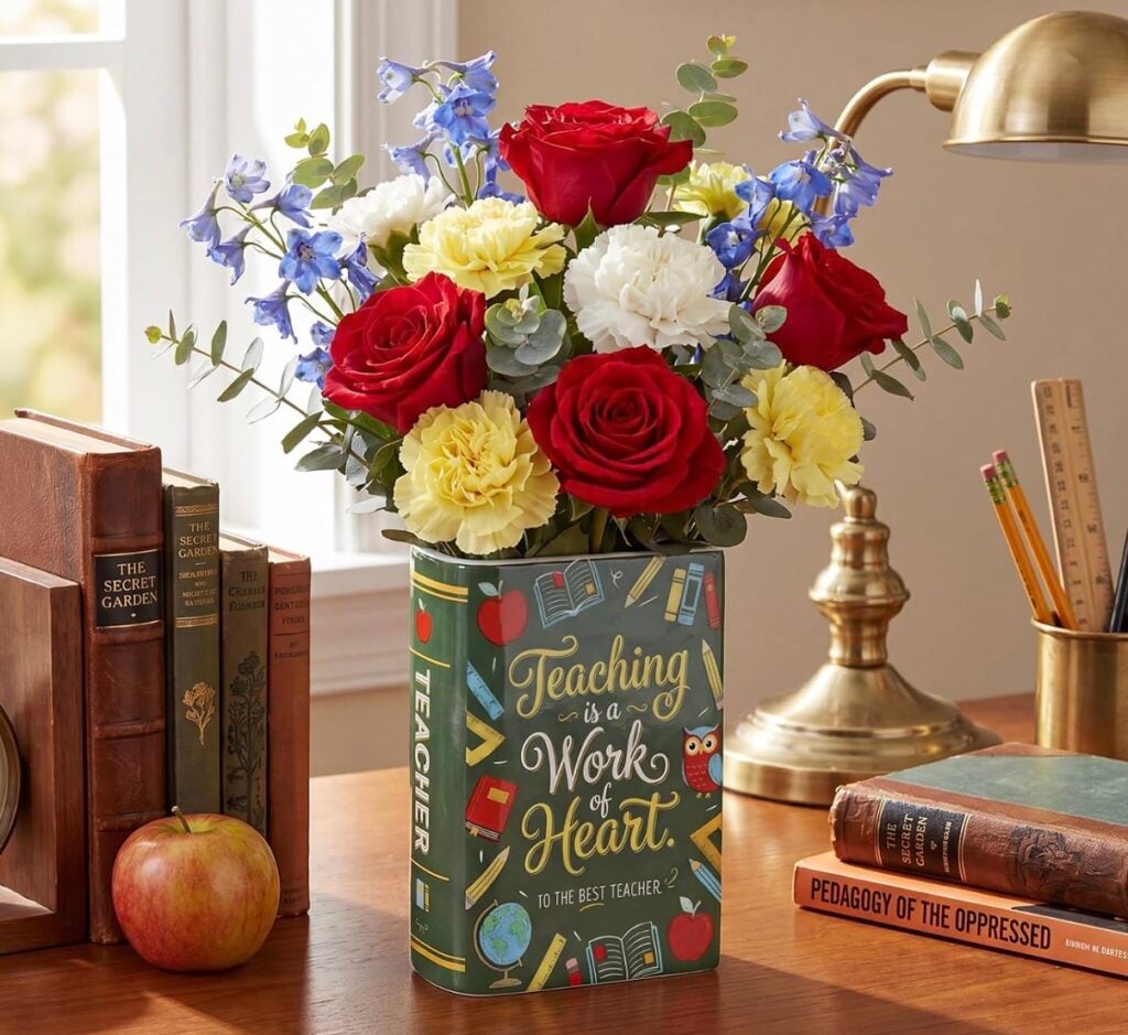 teacher book vase with flowers teacher book vase with flowers