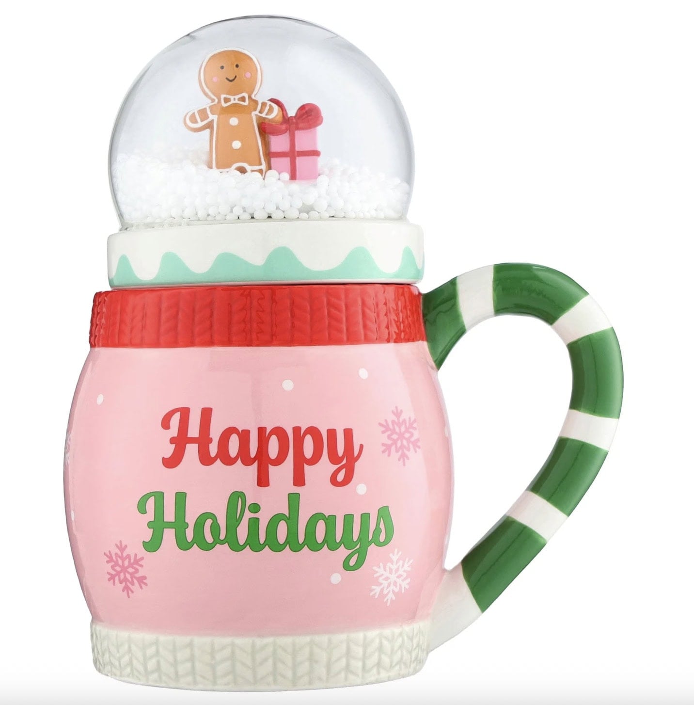 Ceramic Gingerbread Man Christmas Mug with Snow Globe Lid, Multicolor, 15 fl oz