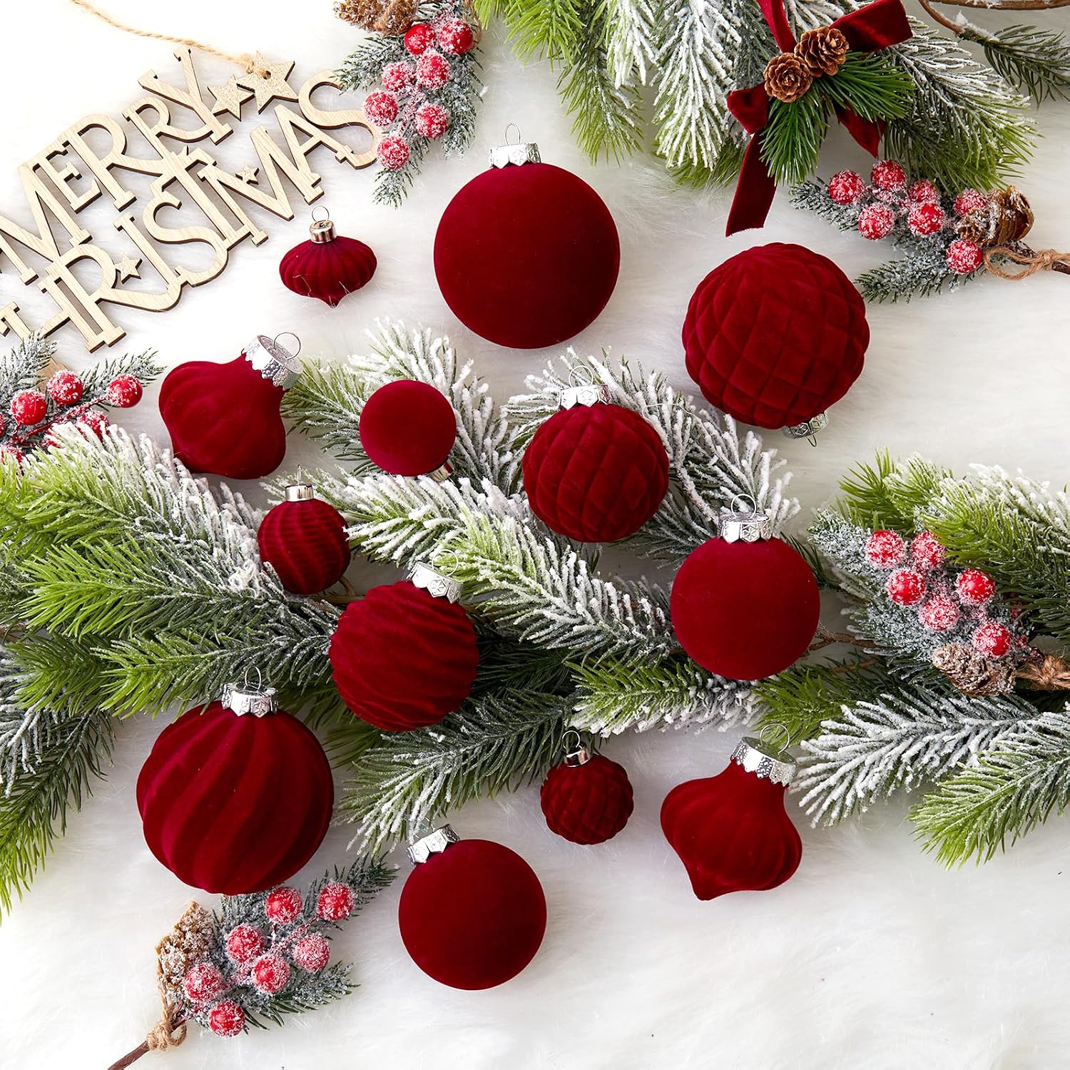 Wironlst Velvet Ornaments for Christmas Tree, 4 Style Flocked Matte Velvet Christmas Ball Ornaments, Shatterproof Decor for Xmas Tree Wedding Holiday Party Home