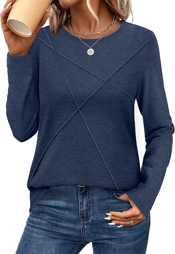 XIEERDUO Long Sleeve Shirts for Women Business Casual Tops Trendy Crewneck Fall T Shirts Pleated Loose Fit 2