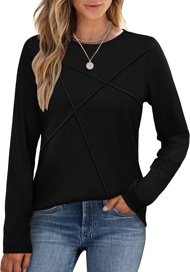 XIEERDUO Long Sleeve Shirts for Women Business Casual Tops Trendy Crewneck Fall T Shirts Pleated Loose Fit 3