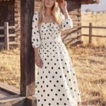 fall boho maxi dress with pockets white and polka dot kate kasin