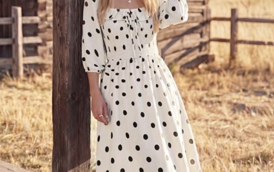 fall boho maxi dress with pockets white and polka dot kate kasin