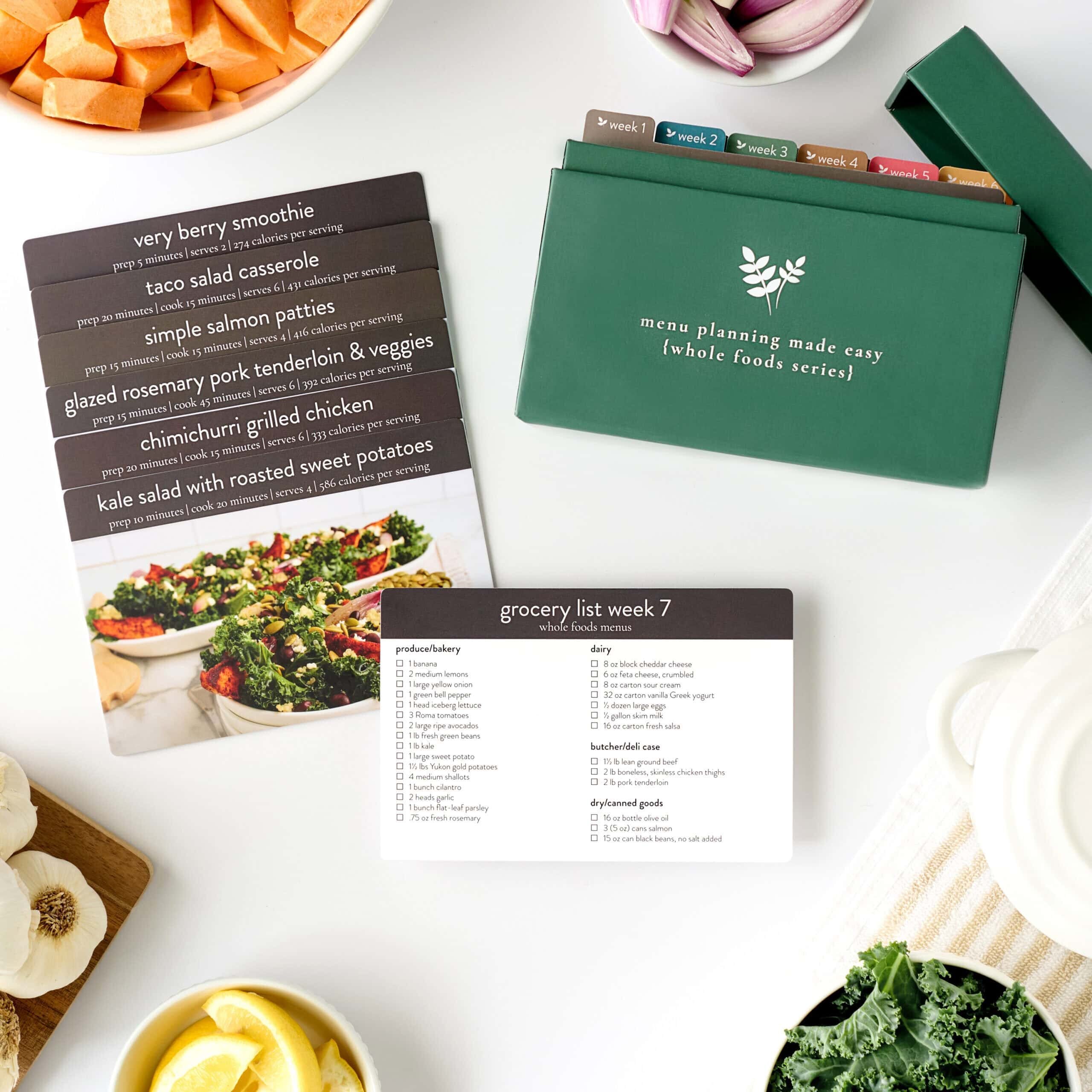 whole foods menu plan with photos with recipes on table
